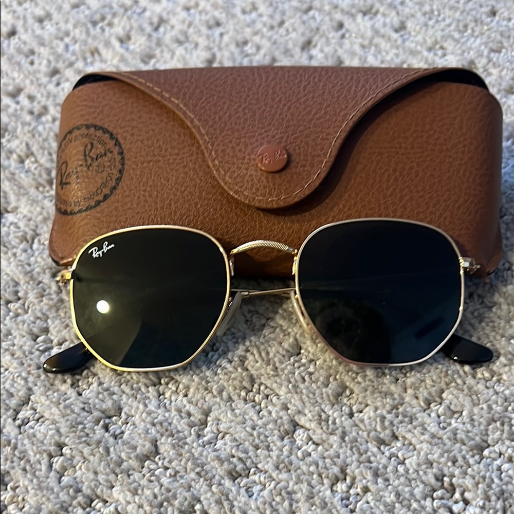Ray-Ban Hexagonal flat lense Black and Gold Sunglasses